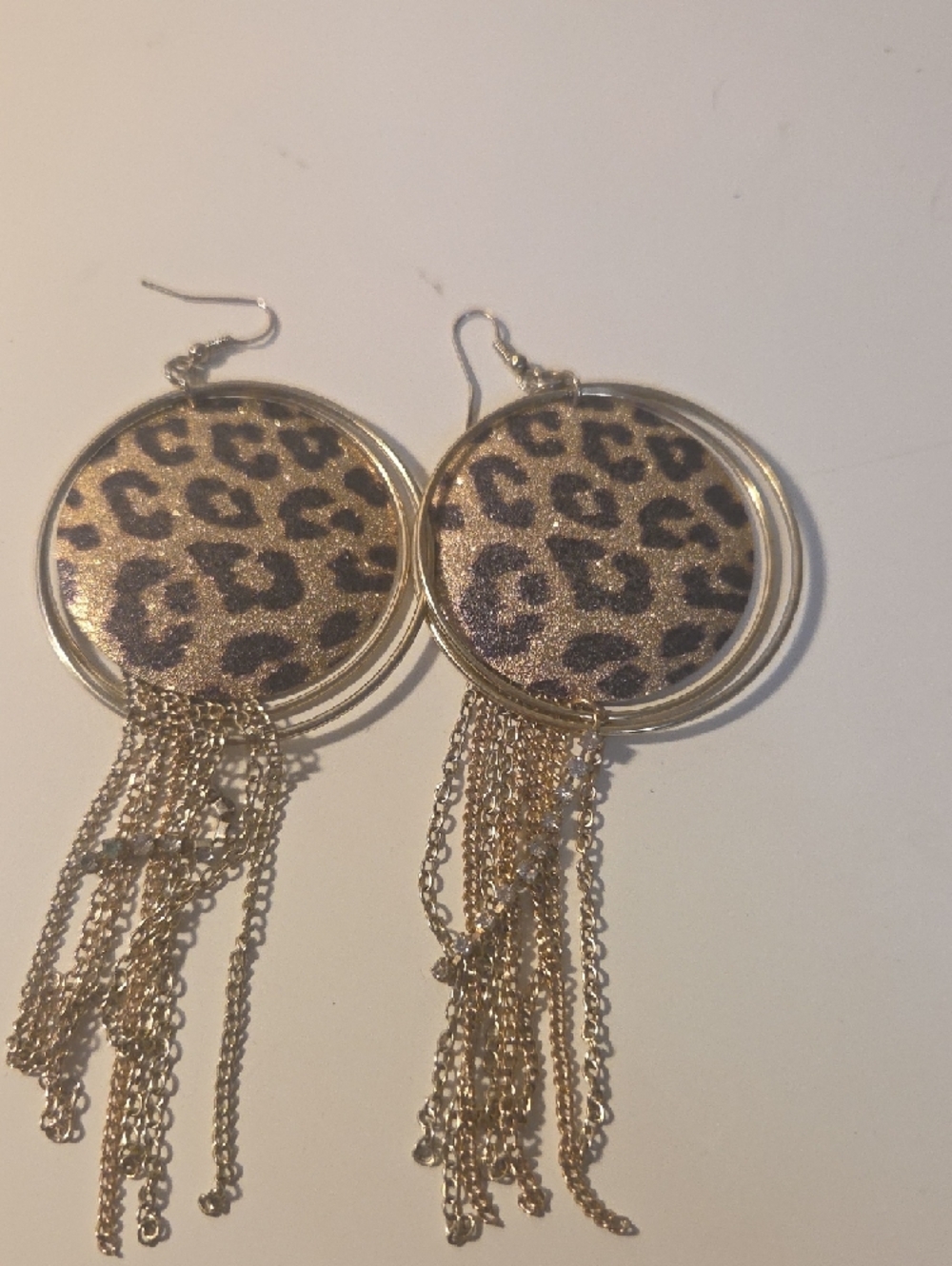Boho Gold-Tone Leopard Print Round Disk Tassel Fringe Dangle Earrings